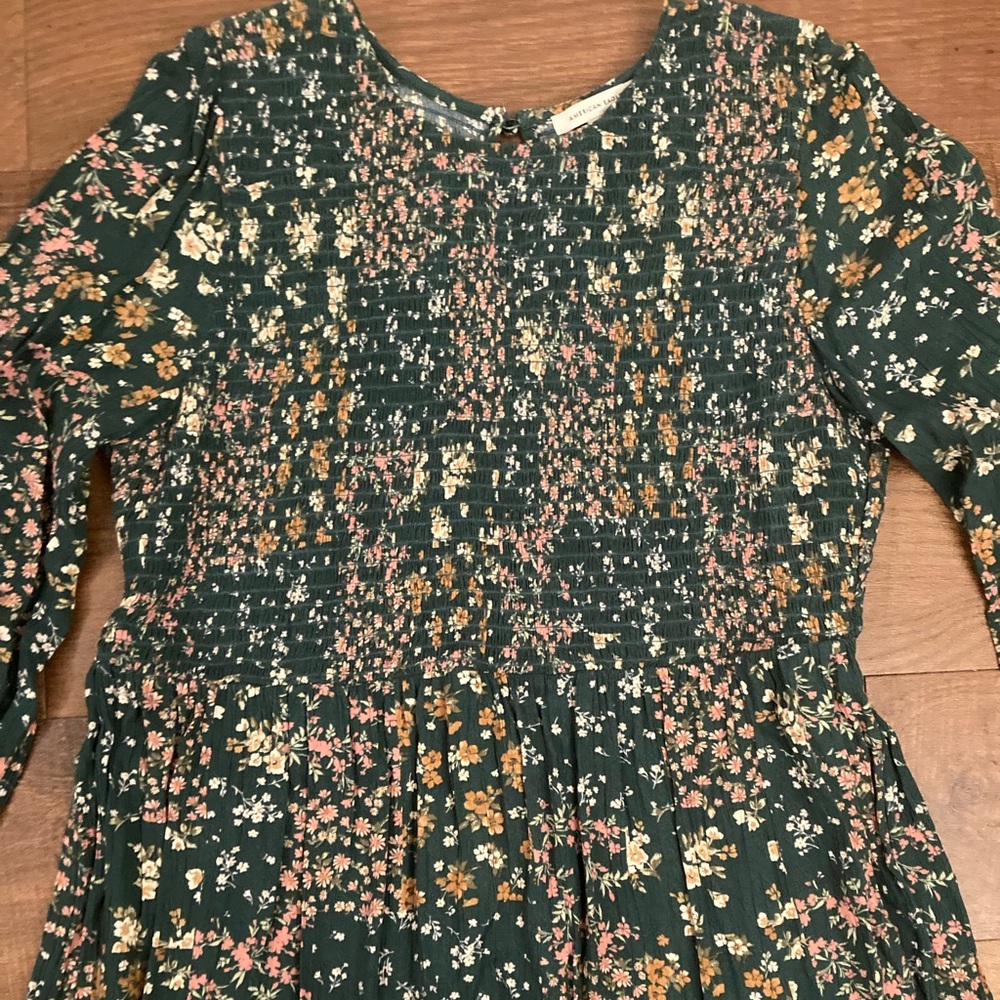 American Eagle Green Floral Smocked Bodice Long Sleeve Maxi Dress Women’s L - Picture 2 of 12